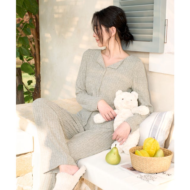 【ネット限定】ルームウェア セットアップ ニット カーディガン カップ付き ロングパンツ セット （ライトグリーン）