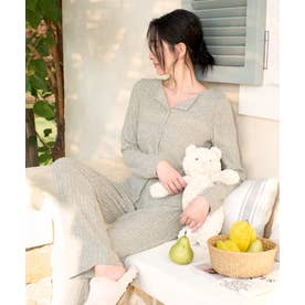 【ネット限定】ルームウェア セットアップ ニット カーディガン カップ付き ロングパンツ セット （グレージュ）