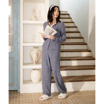 オシャレボ OSYAREVO 【ネット限定】ルームウェア セットアップ ニット カーディガン カップ付き ロングパンツ セット （ブルー）｜詳細画像
