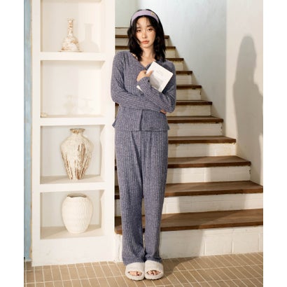 オシャレボ OSYAREVO 【ネット限定】ルームウェア セットアップ ニット カーディガン カップ付き ロングパンツ セット （ブルー）｜詳細画像