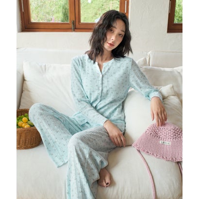 オシャレボ OSYAREVO 【ネット限定】ルームウェア セットアップ リブ カーディガン カップ付き ロングパンツ セット （ブルー×小花柄）｜詳細画像