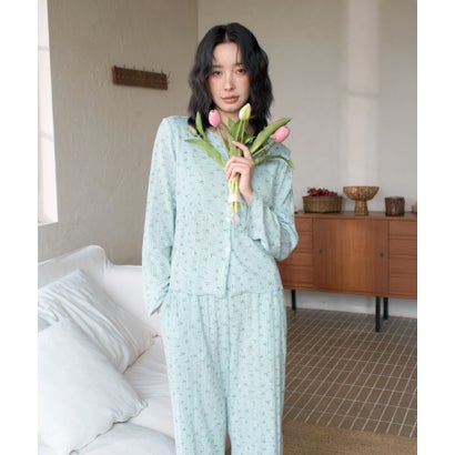 オシャレボ OSYAREVO 【ネット限定】ルームウェア セットアップ リブ カーディガン カップ付き ロングパンツ セット （ブルー×小花柄）｜詳細画像