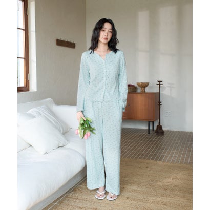 オシャレボ OSYAREVO 【ネット限定】ルームウェア セットアップ リブ カーディガン カップ付き ロングパンツ セット （ブルー×小花柄）｜詳細画像