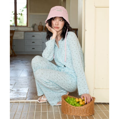 オシャレボ OSYAREVO 【ネット限定】ルームウェア セットアップ リブ カーディガン カップ付き ロングパンツ セット （ブルー×小花柄）｜詳細画像