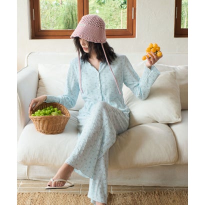 オシャレボ OSYAREVO 【ネット限定】ルームウェア セットアップ リブ カーディガン カップ付き ロングパンツ セット （ブルー×小花柄）｜詳細画像