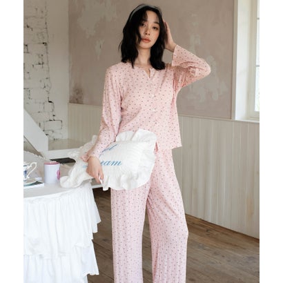 オシャレボ OSYAREVO 【ネット限定】ルームウェア セットアップ リブ カーディガン カップ付き ロングパンツ セット （ピンク×リボン柄）｜詳細画像