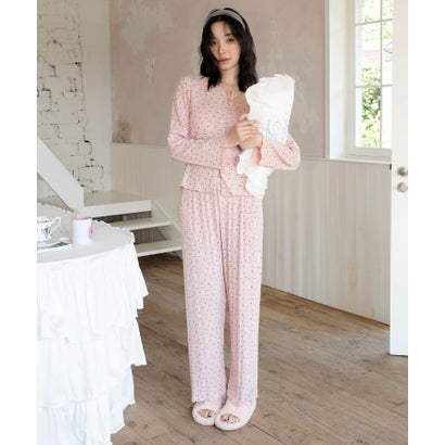 オシャレボ OSYAREVO 【ネット限定】ルームウェア セットアップ リブ カーディガン カップ付き ロングパンツ セット （ピンク×リボン柄）｜詳細画像