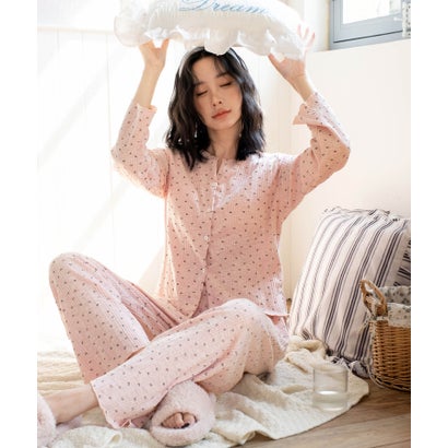 オシャレボ OSYAREVO 【ネット限定】ルームウェア セットアップ リブ カーディガン カップ付き ロングパンツ セット （ピンク×リボン柄）｜詳細画像