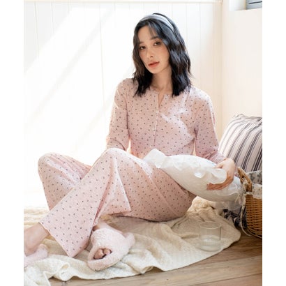 オシャレボ OSYAREVO 【ネット限定】ルームウェア セットアップ リブ カーディガン カップ付き ロングパンツ セット （ピンク×リボン柄）｜詳細画像