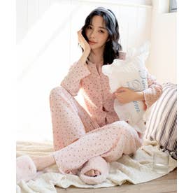 【ネット限定】ルームウェア セットアップ リブ カーディガン カップ付き ロングパンツ セット （Bピンク×リボン）