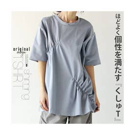 程よく個性を満たすくしゅっとシャーリングTシャツ （ブルー）