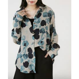 上品に華やぐ水彩タッチ洗練アート柄シアーシャツ （ブルー）