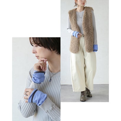 袖の可愛さでコーデを見違えさせる配色ニットトップス （グレー）｜詳細画像