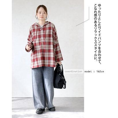 ゆるっと洒落る。大人チェック柄パーカートップス （レッド）｜詳細画像