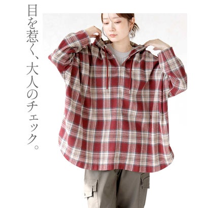 ゆるっと洒落る。大人チェック柄パーカートップス （レッド）｜詳細画像