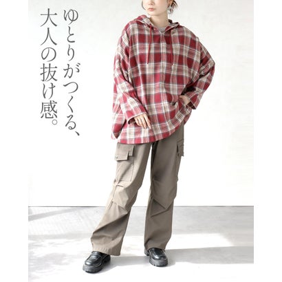 ゆるっと洒落る。大人チェック柄パーカートップス （レッド）｜詳細画像