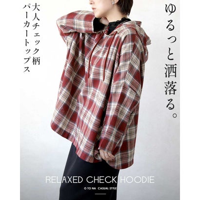 ゆるっと洒落る。大人チェック柄パーカートップス （レッド）｜詳細画像