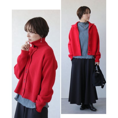 オトナ OTONA トップス ニットカーディガン 着こなし自由自在スタイルアップを叶えるニットアウター ハイネック風 襟付き （レッド）｜詳細画像