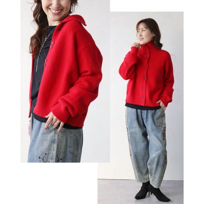 オトナ OTONA トップス ニットカーディガン 着こなし自由自在スタイルアップを叶えるニットアウター ハイネック風 襟付き （レッド）｜詳細画像