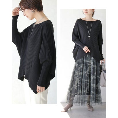 オトナ OTONA トップス ニット 美シルエットニット。着るだけで最強体型カバー 長袖 ドルマン ボートネック ゆったり （ブラック）｜詳細画像