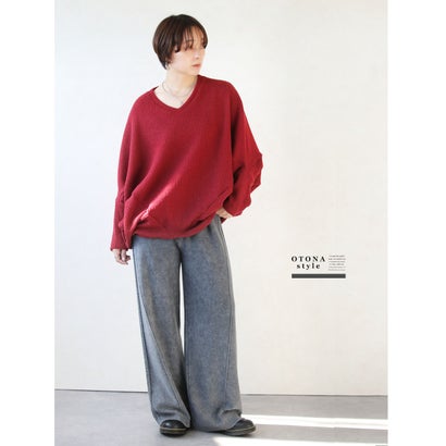 サイドラインで脚長魅せ。デニムライクな柄編みニットパンツ （グレー）｜詳細画像