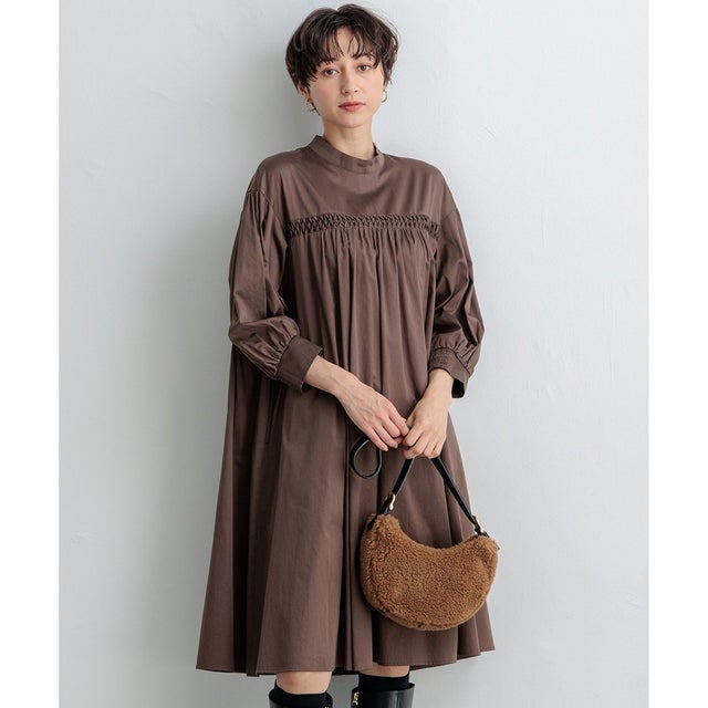 【SLOW/一部店舗限定】ウォッシュドコットンサテン ワンピース （ブラウン系）