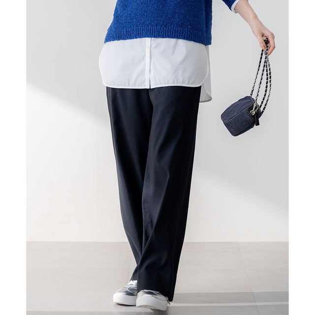 【Oggi5月号掲載/洗える】リネンレーヨンストレッチ ワイド パンツ （ネイビー系）