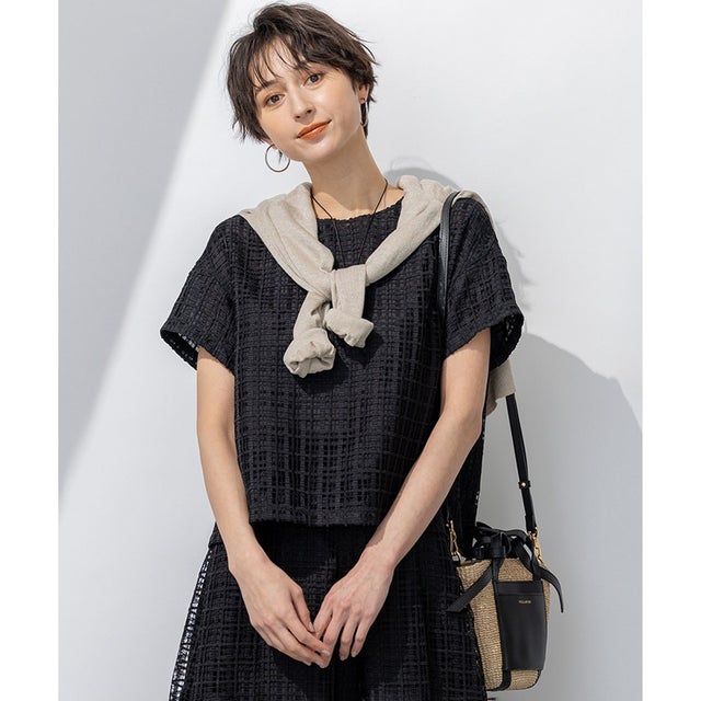 【洗える】Broche チェック レース ブラウス （ブラック系）