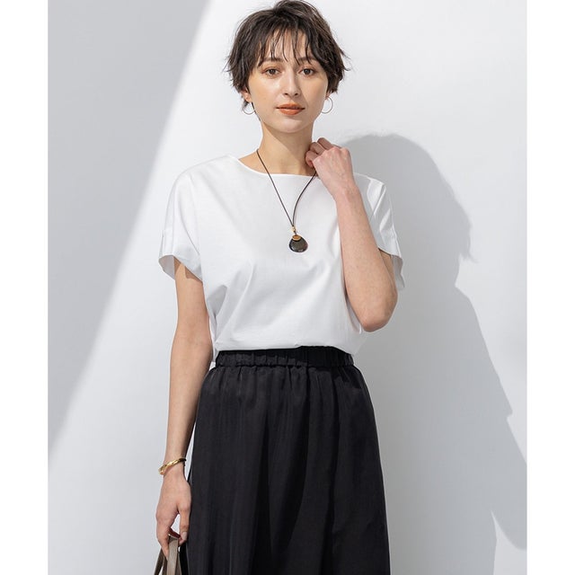【汗じみ防止/洗える】スムースデザイン フレンチスリーブ Tシャツ （ホワイト系）