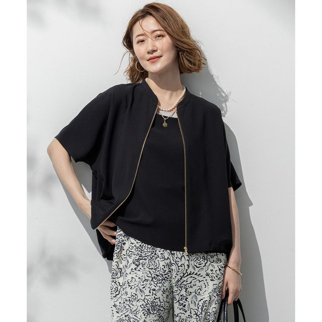 【一部店舗限定/吸水速乾/UVカット/接触冷感】ストレッチジョーゼット フレンチスリーブ ブルゾン （ブラック系）