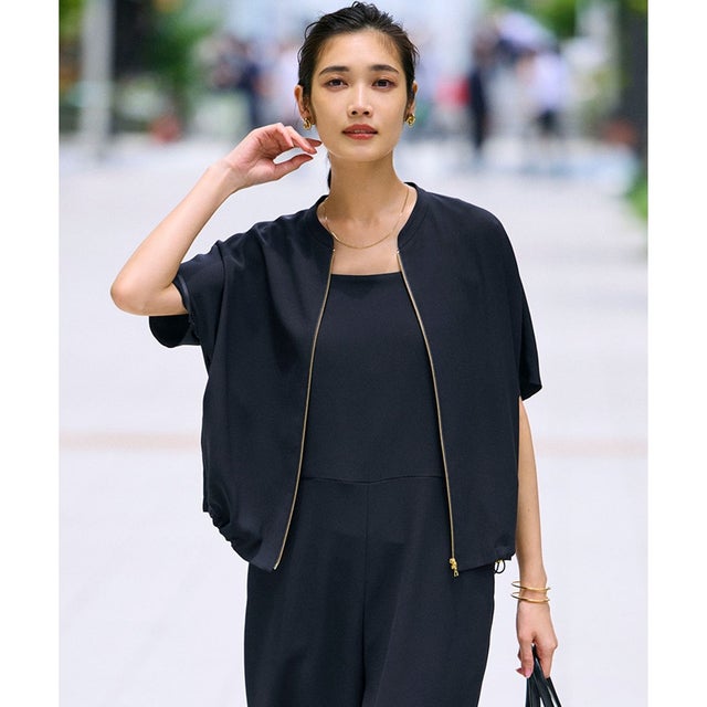 【一部店舗限定/吸水速乾/UVカット/接触冷感】ストレッチジョーゼット フレンチスリーブ ブルゾン （ネイビー系）