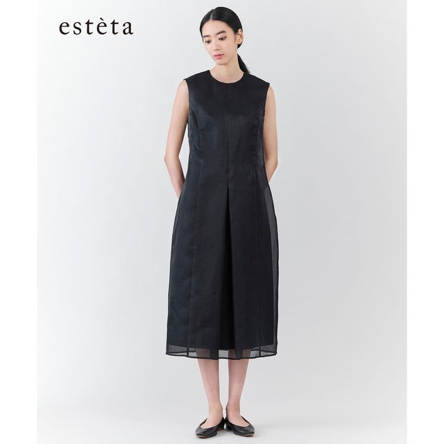 【エステータ】シルクブレンド ライトタフタ シアーコンビ ワンピース （ブラック系）