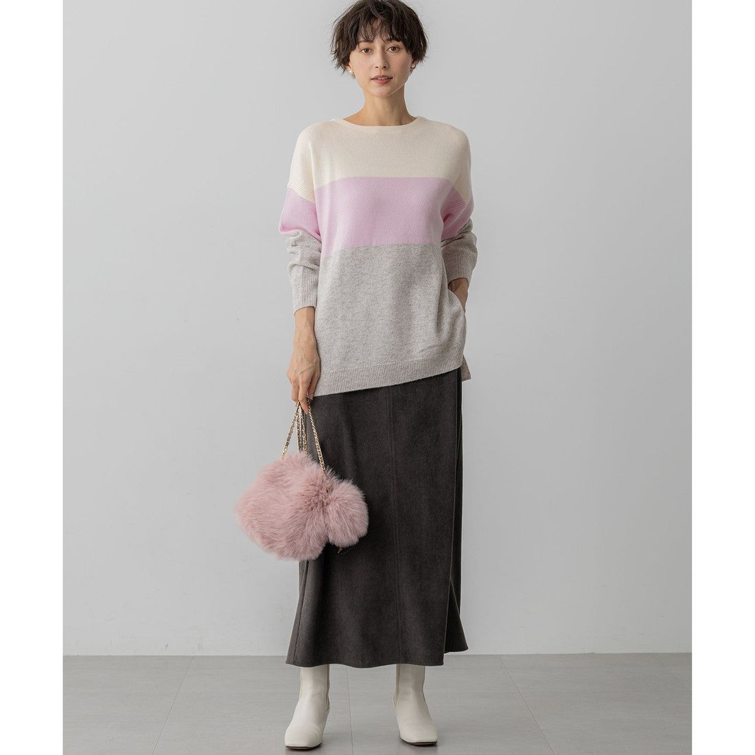 250.カシミアシルバーフォックスとラムウールのチュニック 23区 S 【洗える】ウールカシミヤ カラーブロック チュニック ニット