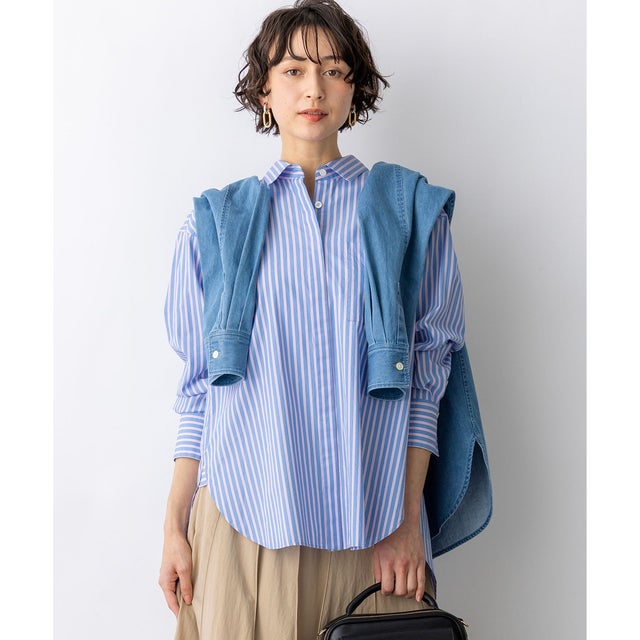 【Oggi掲載・見上愛さん着用】CANCLINI シャーティング ルーズフィットシャツ （サックス×ピンクストライプ）