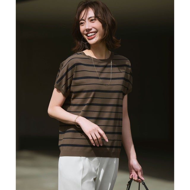 【新色追加/見上愛さん着用/BAILA掲載】レーヨンポリエステルストレッチ プルオーバー ニット （ダークモカ×ネイビー系）