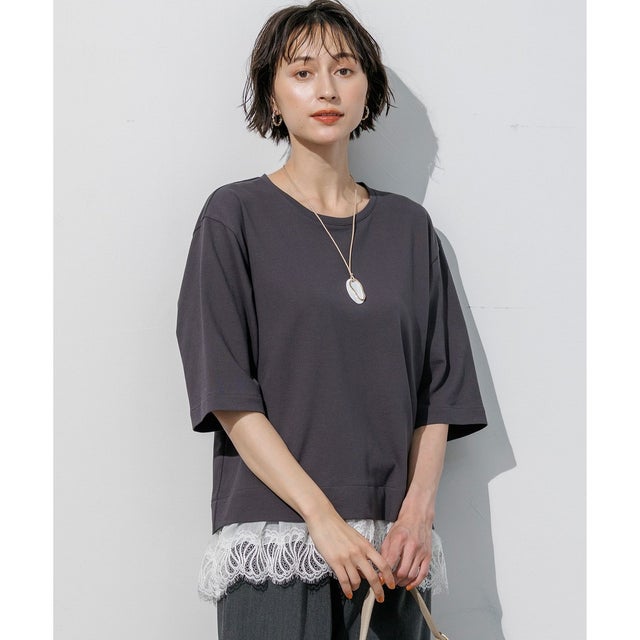 レースヘムレイヤード コンビ カットソー （グレー系）