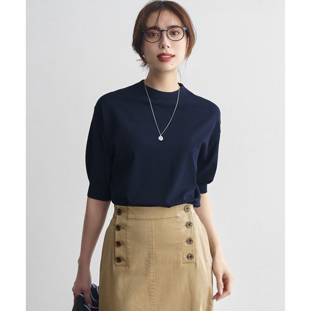 【CLASSY.掲載】セミマットフリゼ リラクシー ニット Tシャツ （ネイビー系）