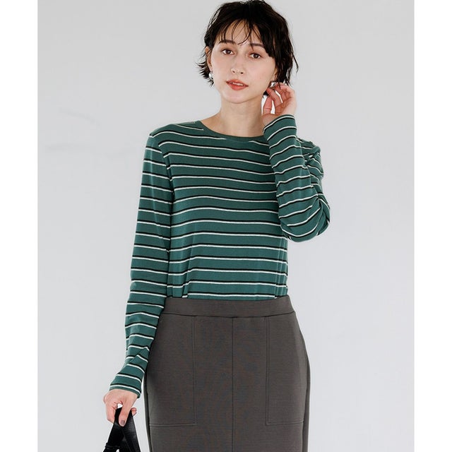 マルチボーダーフライス ロング Tシャツ （フォレスト）