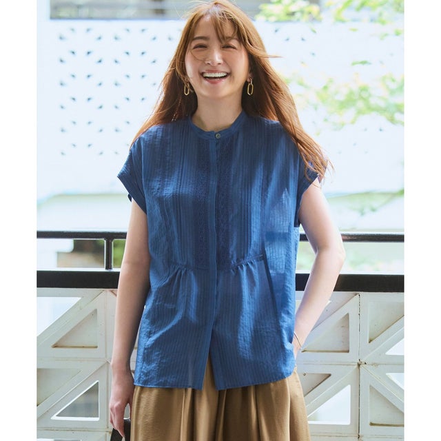 【WEB&一部店舗限定】レースピンタック フレンチスリーブ ブラウス （ダルブルー系）