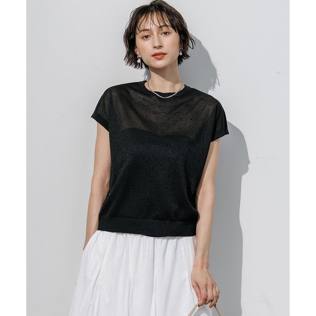 【WEB&一部店舗限定カラーあり】シアードット フレンチスリーブ ニット （ブラック系）