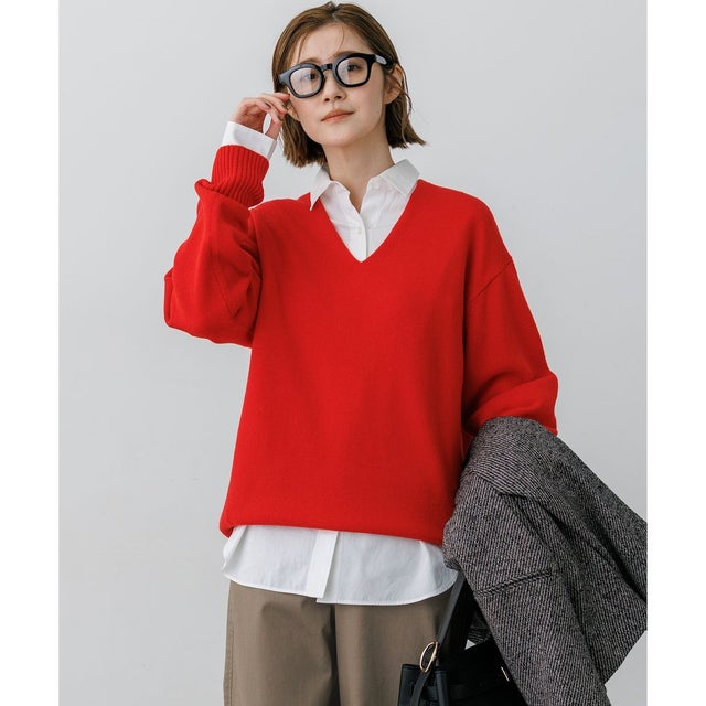 カシミヤブレンド Vネック ニット （レッド系）