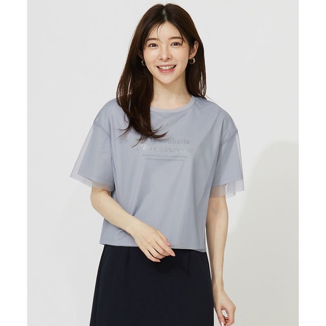 【洗える】シアーチュールロゴ Tシャツ （ライトグレー）