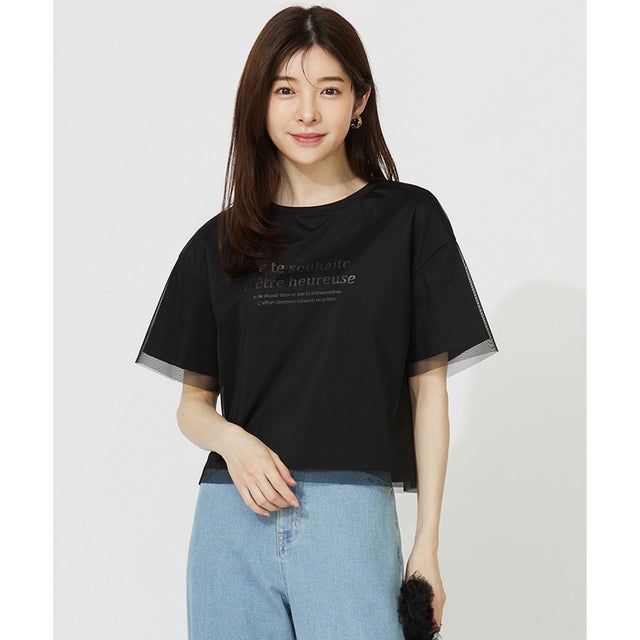 【洗える】シアーチュールロゴ Tシャツ （ブラック）