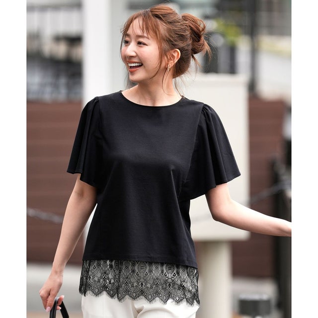 【シルクタッチさら魅せTシャツ】袖フレア プルオーバー （ブラック）