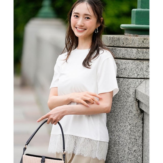 裾レース半袖Tシャツ （オフ）