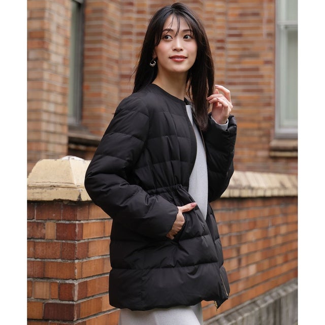 ノーカラーミドル ダウンジャケット （ブラック）