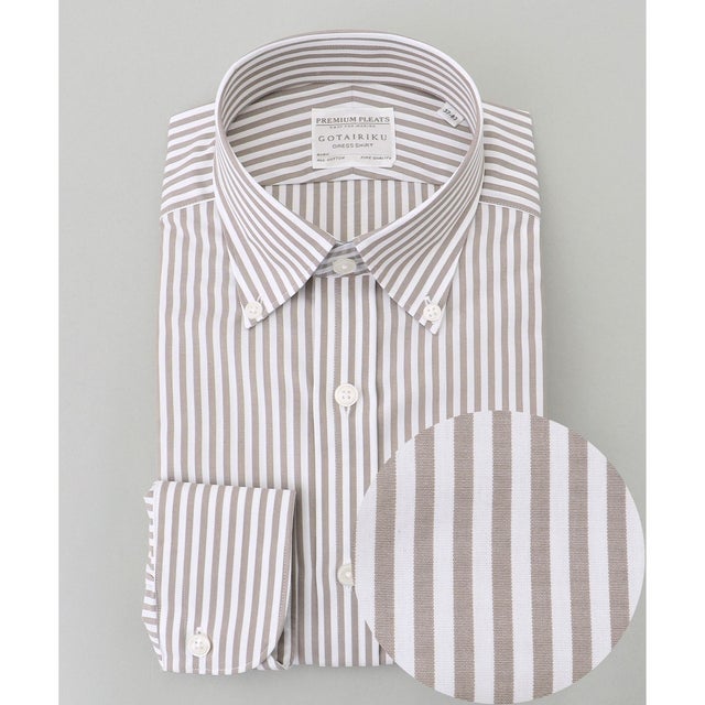 【形態安定】PREMIUMPLEATS_ボタンダウンカラー 通年ドレスシャツ_ストライプ(25年春夏モデル) （ダークブラウンストライプ）