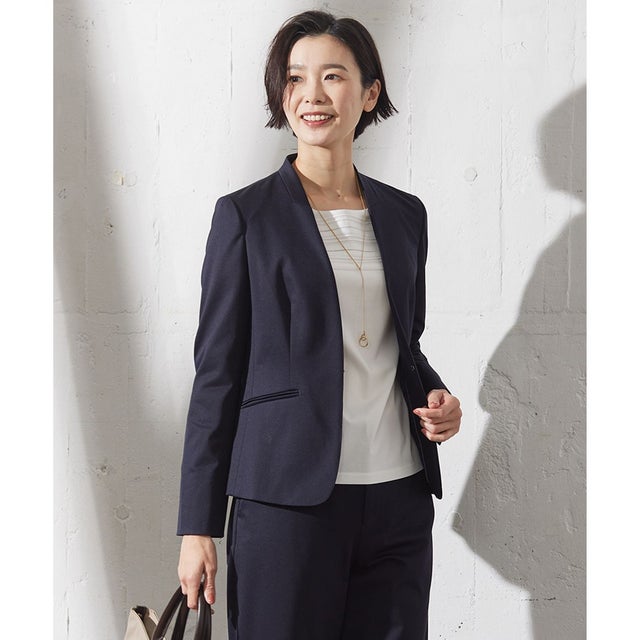 【セットアップ対応・洗える・抗菌防臭】T/Cポンチ ノーカラー ジャケット （ネイビー系）
