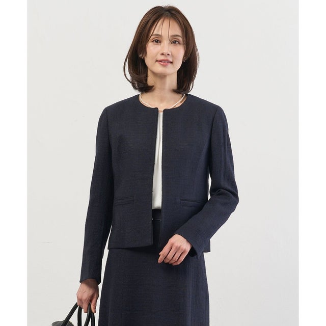 【セットアップ対応】Light Tweed ノーカラー ジャケット （ネイビー系）