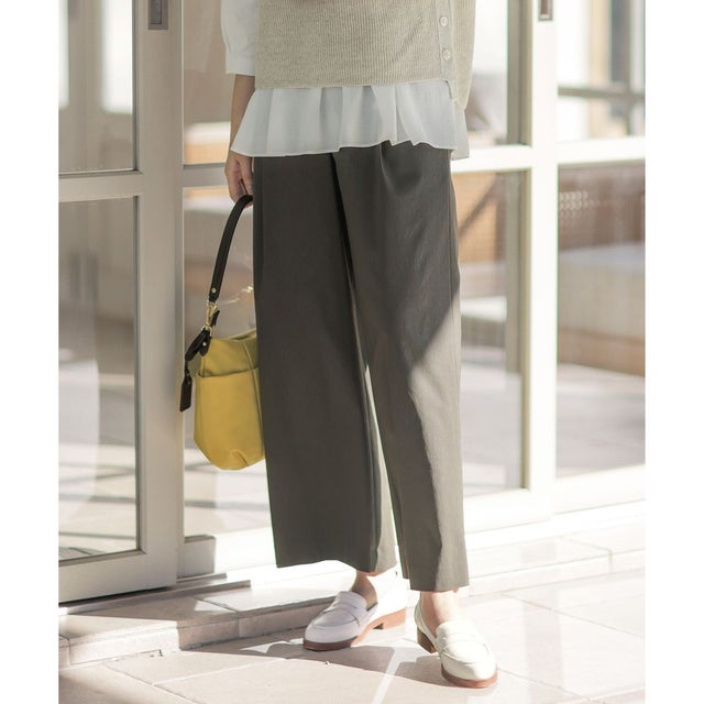 【洗える】セルロースリネンストレッチ タックワイドパンツ （スレート系）